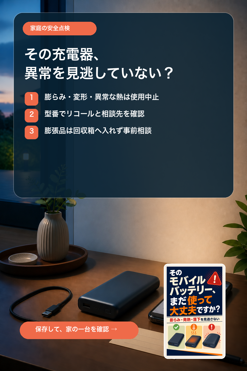 モバイルバッテリー、外した充電ケーブル、型番メモを前に家庭で安全点検する手順を示す縦長画像