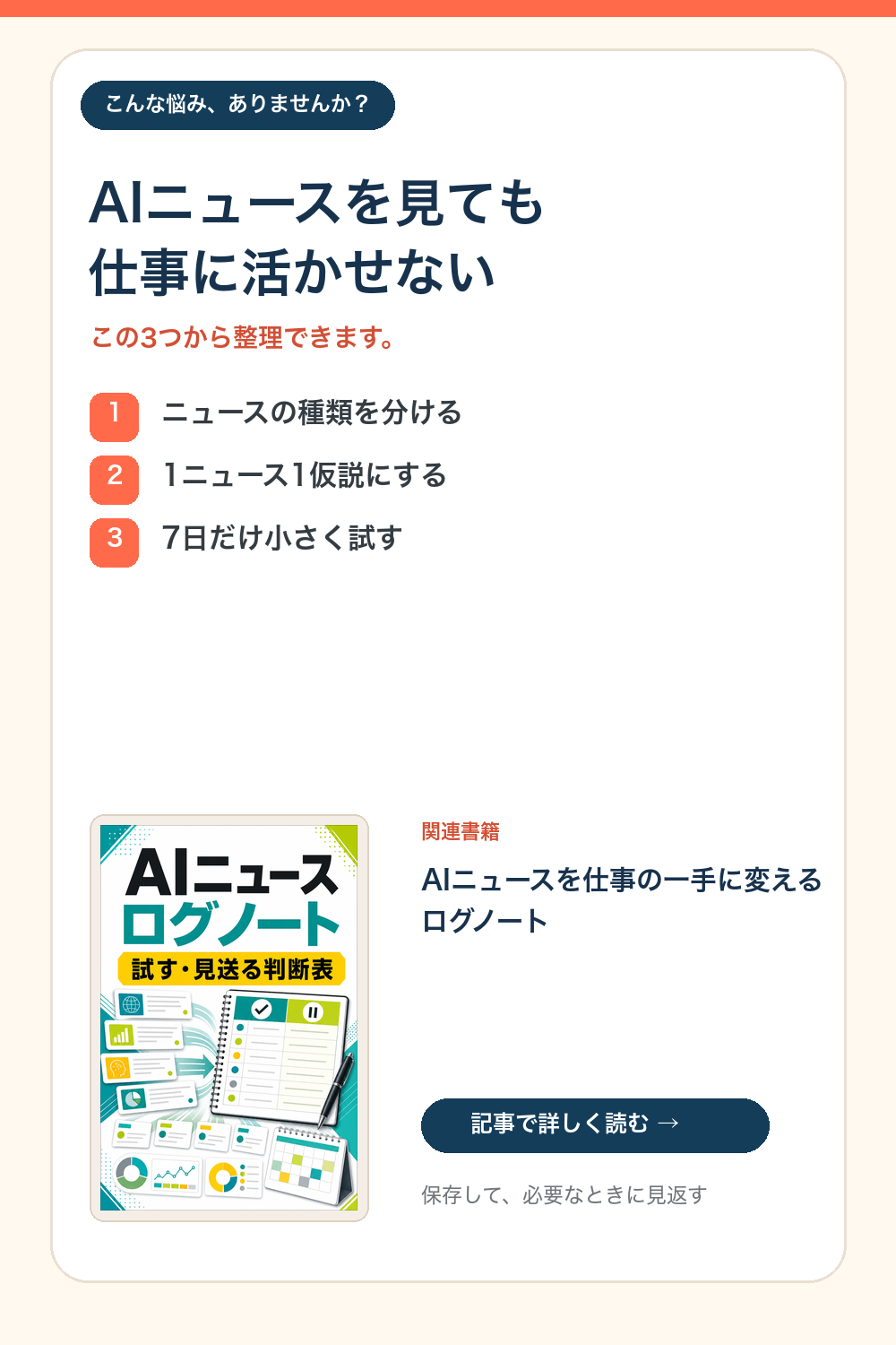 AIニュースを仕事に活かせない悩みを、種類分け、1ニュース1仮説、7日検証の3点で整理した図解