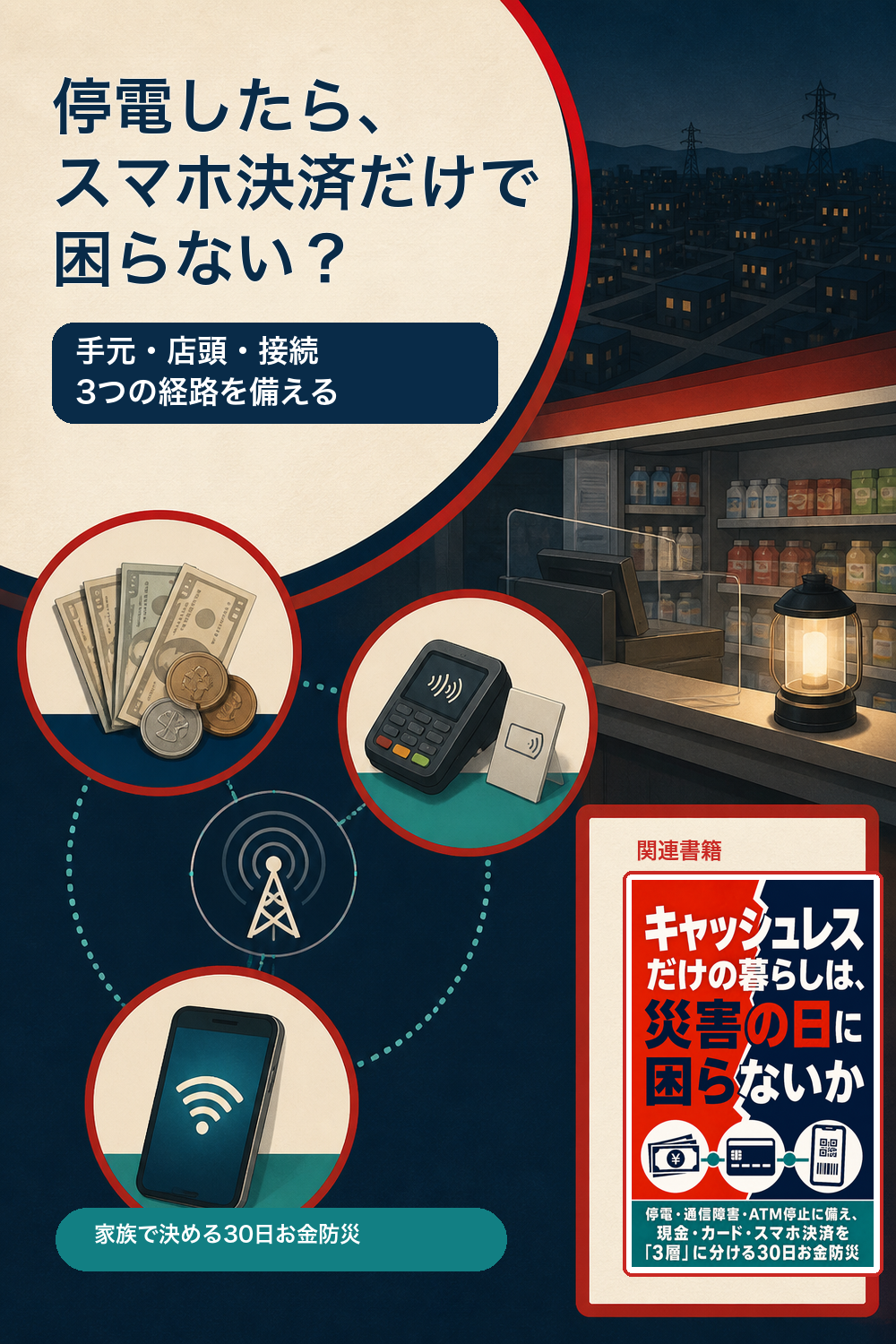 停電時の支払いを手元・店頭・接続の3経路に分けて備える方法と、キャッシュレス防災本の書影を示す縦長図解